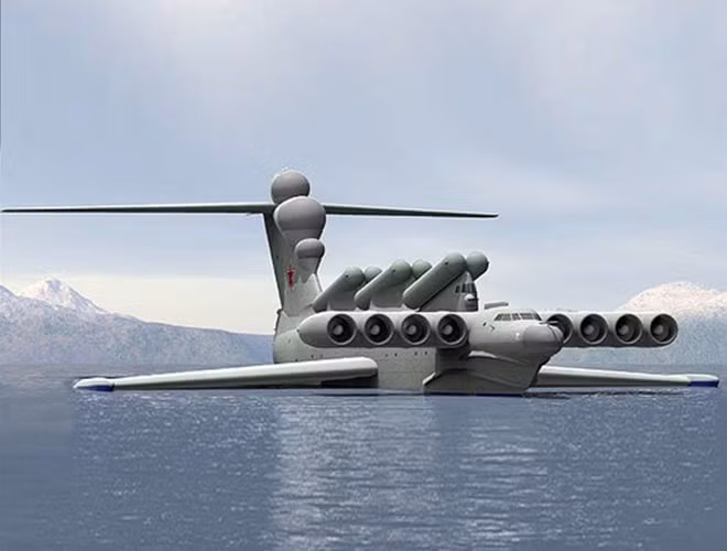 Trên mặt nước, một vũ khí gây kinh ngạc thế giới là chiếc thủy phi cơ Ekranoplan hay còn được mệnh danh là “Quái vật biển Caspi”; đây là một loại phương tiện kết hợp độc đáo giữa tàu chiến và máy bay. Với chiều dài 74 mét; cao 19 mét, sải cánh 44 mét và tốc độ 297 hải lý/giờ (550 km/giờ); nó lớn hơn cả những máy bay chở khách lớn nhất. Ảnh: “Quái vật biển Caspi” - Nguồn: Wikipedia.