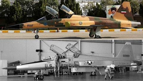 Máy bay chiến đấu " Kowsar" là bản sao của máy bay chiến đấu hạng nhẹ F-5E của Mỹ; được trang bị hệ thống điện tử hàng không, cảm biến và hệ thống tác chiến điện tử tiên tiến do Iran phát triển. Ảnh: Máy bay chiến đấu Kowsar (trên) và F-5E - Nguồn: Wikipedia