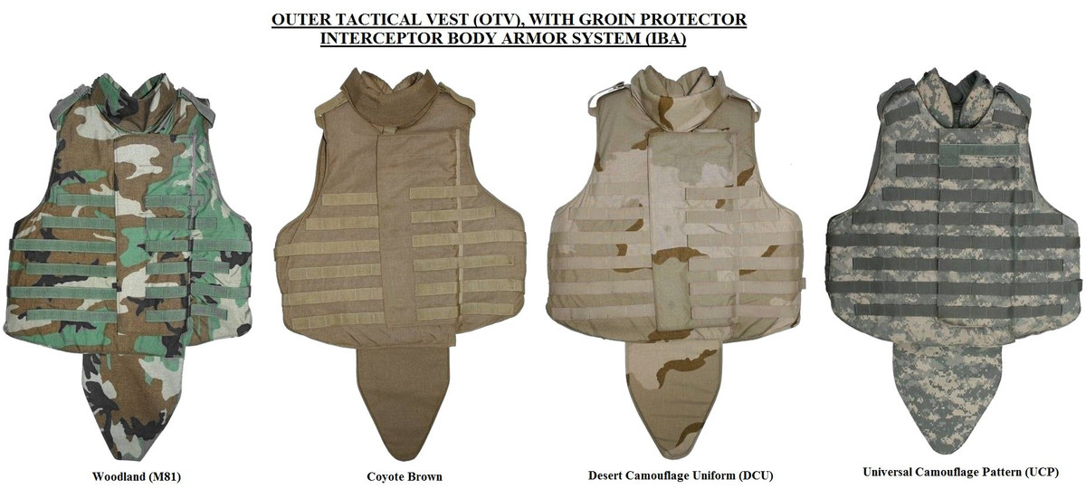 Loại áo giáp OTV này đã được thay thế bởi các loại áo giáp mới hơn trong quân đội Hoa Kỳ tuy nhiên một số lực lượng tuyến sau vẫn tiếp tục sử dụng loại này trong đó có Vệ binh quốc gia. Ảnh: Các mẫu OTV với họa tiết ngụy trang khác nhau.
