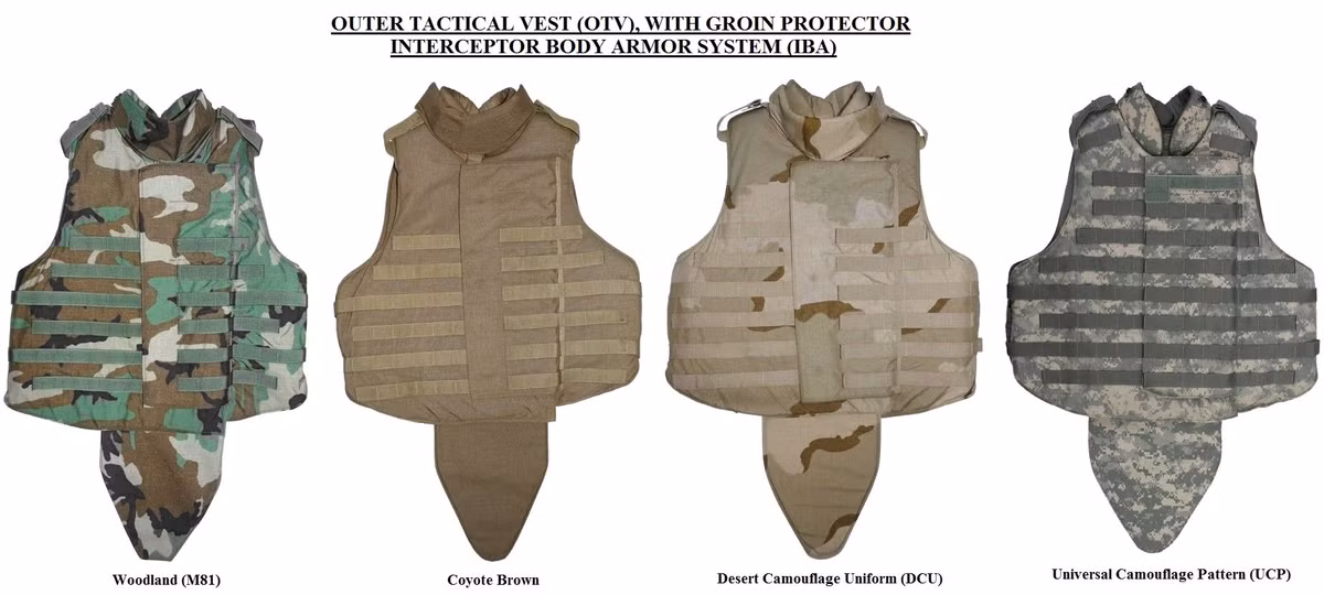 Loại áo giáp OTV này đã được thay thế bởi các loại áo giáp mới hơn trong quân đội Hoa Kỳ tuy nhiên một số lực lượng tuyến sau vẫn tiếp tục sử dụng loại này trong đó có Vệ binh quốc gia. Ảnh: Các mẫu OTV với họa tiết ngụy trang khác nhau.