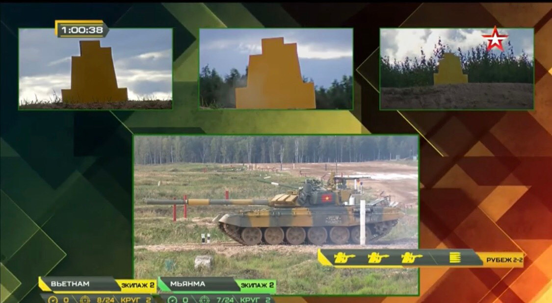 Dù không liên quan đến vấn đề kỹ thuật của khí tài, tuy nhiên việc tiếp tục bốc trúng thăm màu vàng cũng sẽ gây một số khó khăn nhất định đối với đội tuyển Việt Nam trong vòng chung kết này. Các bia mục tiêu màu vàng rất dễ bị hoà lẫn vào môi trường xung quanh, cộng với đó là diện tích mặt bia nhỏ khiến cho kíp xe ta vô cùng khó trong việc quan sát phát hiện mục tiêu. Ảnh: Xe tăng Việt Nam thực hiện bài tiêu diệt bia số 9 bằng súng máy đồng trục ở vòng Bán kết. 