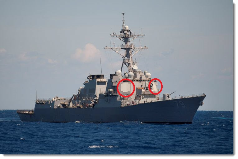 Công nghệ radar mà Washington và Tokyo dự định phát triển, trước hết sẽ lắp trên các tàu chiến lớp Ticonderago và tàu khu trục lớp Arleigh Burke của Mỹ và Kongo của Nhật Bản; những hệ thống Aegis này sẽ theo dõi bao trùm được toàn bộ Bán đảo Triều Tiên và phía đông Trung Quốc. Ảnh: Radar mảng pha (khoanh màu đỏ) trên tàu khu trục USS OSCAR AUSTIN (DDG 79) của Mỹ.