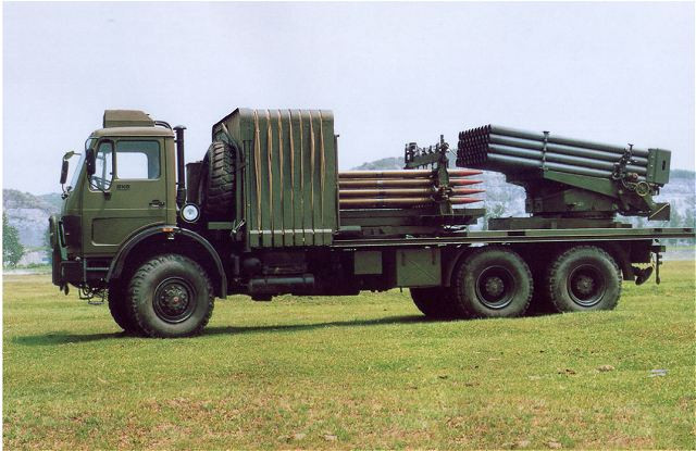 Tiếp đó, người Trung Quốc cho ra mắt phiên bản nâng cấp của Type-81 với tên gọi Type-90. Hệ thống mới sử dụng xe việt dã mới hiện đại hơn cho phép mở rộng mặt sàn của tổ hợp lên đáng kể, đồng thời bổ sung thêm một hệ thống nạp đạn và cơ số đạn 40 viên sẵn trên xe để có thể nhanh chóng thay thế. Sau khi khai hỏa, việc nạp đạn cho tổ hợp pháo phản lực bằng hệ thống nạp đạn có sẵn chỉ mất 3 phút, đảm bảo mật độ hỏa lực cực cao. Ảnh: Xe phóng tổ hợp pháo phản lực Type-90B.