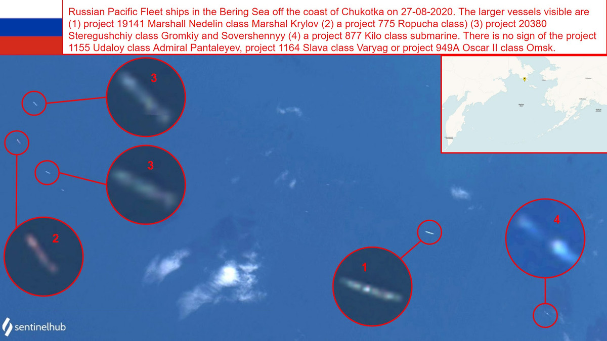 Trong khi đó, phản ứng về sự việc này, Hạm đội Thái Bình Dương, Hải quân Nga bình thản cho hay, tàu ngầm hạt nhân xuất hiện gần bờ biển Mỹ là chiếc Omsk (K-186) đang tham gia cuộc tập trận "Lá chắn Đại dương 2020". Hình ảnh vệ tinh chụp ngày 27/8 cho thấy sự hiện diện của nhiều tàu chiến Nga khác ngoài Omsk, gồm tàu do thám Nguyên soái Nedelin (1), tàu đổ bộ 775 Ropucha, tàu hộ vệ Đề án 20380 Gromkiy và Sovershennyy, tàu ngầm Kilo 877. Ảnh: Wikipedia