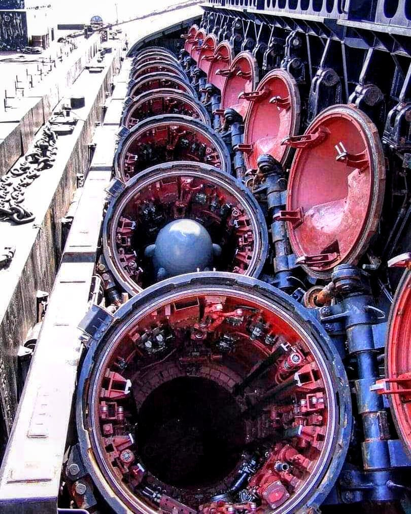 Dọc hai bên thân của tàu ngầm là khoang chứ 24 tên lửa hành trình chống hạm P-700 Granit - loại tên lửa diệt hạm mạnh nhất trong lịch sử Liên Xô. Mỗi quả có trọng lượng đến 7 tấn, dài 10m, có tốc độ bay siêu âm Mach 1,6-2,5. Đặc biệt kinh ngạc, giai đoạn thiết kế những năm 1980, Liên Xô trang bị cho P-700 Granit hệ thống AI mô phỏng trí thông minh của con người. Ảnh: Wikipedia