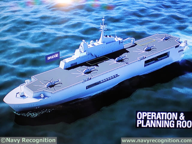 Có thể trong thời gian tới, RSN sẽ đưa vào trang bị lớp tàu đổ bộ lớn hơn mang tên Endurance 170, đã được công bố lần đầu năm 2017. Thiết kế này có lượng giãn nước đầy tải 17.000 tấn; rất có thể, tàu này sẽ được cải tạo để trở thành tàu sân bay cho máy bay F-35B mà Singapore dự định mua; như vậy Singapore sẽ là quốc gia đầu tiên ở Đông Nam Á sẽ có tàu sân bay theo đúng nghĩa. Ảnh: Mô hình tàu đổ bộ Endurance 170 - Nguồn: Navyrecognition