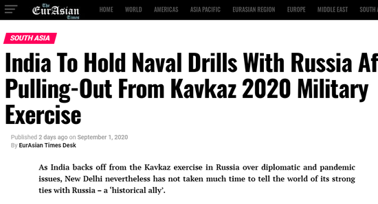 Theo Eurasia Times, sau khi quân đội Ấn Độ rút khỏi cuộc tập trận chung "Caucasus-2020" do Nga tổ chức, vì các vấn đề như ngoại giao và đại dịch COVID-19, Ấn Độ đã khẳng định mối quan hệ chiến lược với Nga bằng một cuộc tập trận chung. Ảnh: Trang tin của Ấn Độ đưa tin về cuộc tập trận Ấn - Nga - Nguồn: Economictimes.