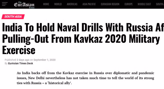 Theo Eurasia Times, sau khi quân đội Ấn Độ rút khỏi cuộc tập trận chung "Caucasus-2020" do Nga tổ chức, vì các vấn đề như ngoại giao và đại dịch COVID-19, Ấn Độ đã khẳng định mối quan hệ chiến lược với Nga bằng một cuộc tập trận chung. Ảnh: Trang tin của Ấn Độ đưa tin về cuộc tập trận Ấn - Nga - Nguồn: Economictimes.