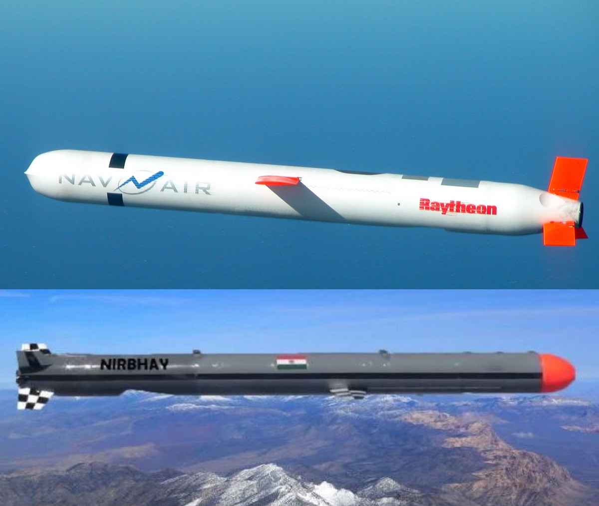 Về hình dáng, tên lửa Nirbhay có vẻ ngoài giống các loại tên lửa hành trình của một số nước phương Tây như Tomahawk của Mỹ và Kalibr của Nga. Rõ ràng, các kỹ sư Ấn Độ đã mượn các giải pháp và ý tưởng từ các đối tác nước ngoài, khi nghiên cứu, phát triển tên lửa hành trình Nirbhay. Ảnh: Tên lửa Tomahawk (trên) và Nirbhay - Nguồn: Wikipedia.