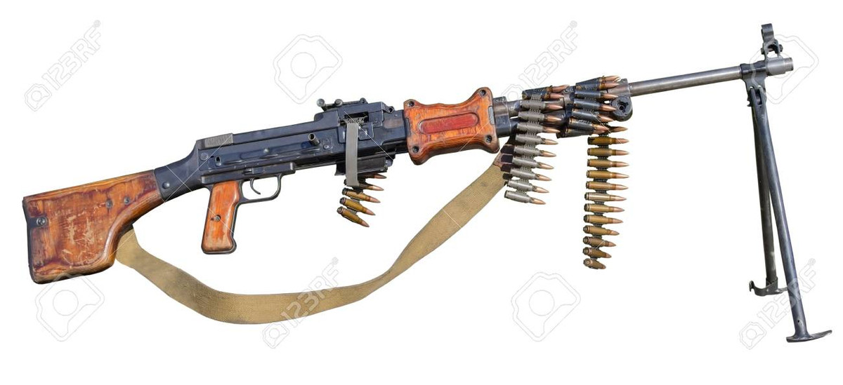 Tuy thiết kế này không có gì là mới, khi súng máy RPD của Liên Xô trước kia cũng sử dụng cơ chế tiếp đạn bằng dây, nhưng Liên Xô đã bỏ thiết kế này từ khi mẫu súng máy RPK chính thức đưa vào biên chế. Ảnh: Súng máy RPD tiếp đạn bằng dây. Nguồn: Wkipedia.