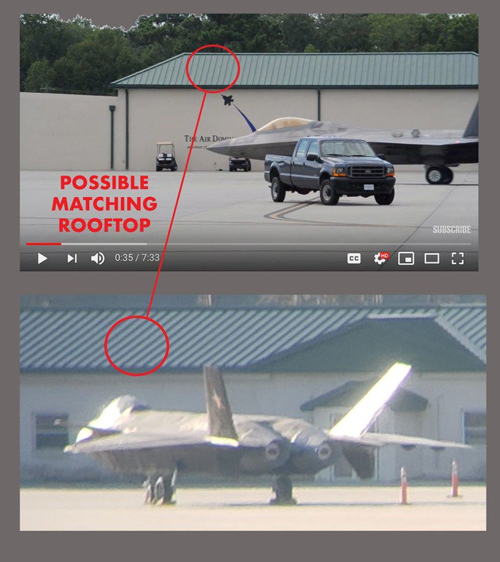 Còn theo tuyên bố của Bộ tư lệnh Giáo dục và Huấn luyện của Thủy quân lục chiến Mỹ thì cho biết, mô hình này nhằm mục đích đào tạo cho các học viên quen với hình dạng của chiếc tiêm kích hàng đầu Trung Quốc cũng như phát triển các cảm biến nhận dạng. Đây là một phần trong kế hoạch phát triển phương án đối phó với các mối đe dọa tiềm năng của Mỹ trong tương lai. Ảnh: Bức ảnh so sánh tại không gian chụp chiếc mô hình J-20 và không gian tại sân bay của Mỹ, cho thấy rằng hai bức ảnh cùng chụp ở một nơi.