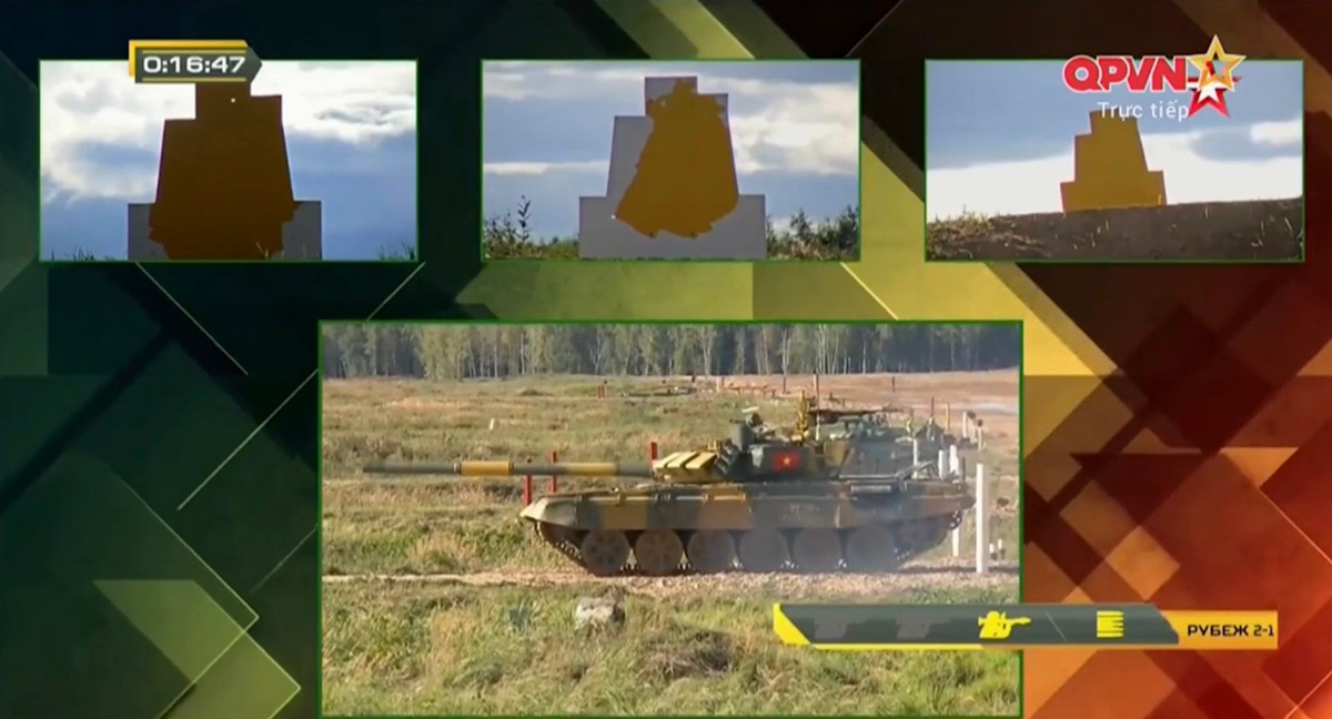 Đối với mục tiêu bia số 9 mô phỏng lính bộ binh sử dụng súng chống tăng Rpg, các pháo thủ ta cũng thi đấu khá tốt dẫu cho đây là bài bắn khó, đòi hỏi khả năng làm chủ khí tài cao bởi bia có kích cỡ nhỏ, tầm bắn xa khiến cho việc tác xạ là không hề dễ dàng. Cộng với đó là màu bia thường rất dễ lẫn với màu địa hình xung quanh khiến cho xe tăng rất khó trong việc xác định. Ảnh: Xe tăng Việt Nam tiêu diệt cả 3/3 bia số 9 tại vòng bán kết của kíp xe số 1.