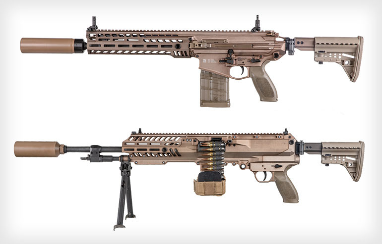 Mặc dù có thiết kế không nổi bật, tuy nhiên chất lượng và độ tin cậy là lợi thế lớn đối với nhà sản xuất đến từ Đức. SIG Sauer tự chế tạo tất cả các chi tiết súng mà không cần hợp tác với bất cứ hãng nào khác, điều này giúp cho họ có thể quản lý giá thành cũng như đảm bảo chất lượng tốt nhất. Ảnh: Súng trường tấn công NGSW R (trên) và súng trường tự động NGSW AR (dưới) do hãng SIG Sauer phát triển. 