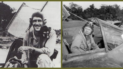 Vào tháng 4/1944, phi công Bong đã phá vỡ kỷ lục bắn rơi 26 máy bay của phi công Eddie Rickenbacker sau chưa đầy 1 năm rưỡi chiến đấu; sau đó ông được đưa trở lại Mỹ để làm giáo viên bay, nhưng do chiến trường Thái Bình Dương vẫn diễn ra quyết liệt, ông tình nguyện quay lại để tham gia chiến đấu. Ảnh: Phi công Eddie Rickenbacker (trái) và Bong - Nguồn: Wikipedia.