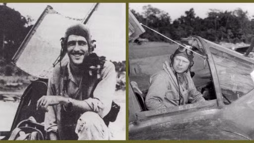 Vào tháng 4/1944, phi công Bong đã phá vỡ kỷ lục bắn rơi 26 máy bay của phi công Eddie Rickenbacker sau chưa đầy 1 năm rưỡi chiến đấu; sau đó ông được đưa trở lại Mỹ để làm giáo viên bay, nhưng do chiến trường Thái Bình Dương vẫn diễn ra quyết liệt, ông tình nguyện quay lại để tham gia chiến đấu. Ảnh: Phi công Eddie Rickenbacker (trái) và Bong - Nguồn: Wikipedia.