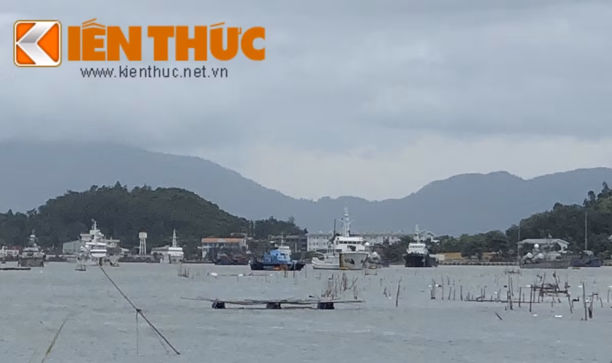 Ảnh: Tàu tên lửa Osa và tàu Kiểm ngư KN-750 nối đuôi nhau vào khu vực tránh trú.