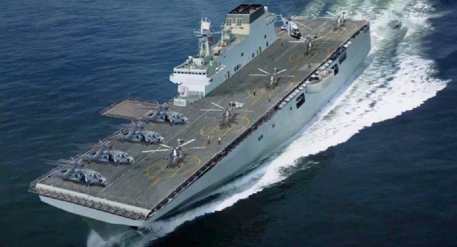 Đầu năm nay, Trung Quốc đã hạ thủy tiếp tàu đổ bộ trực thăng lớp Type 075 thứ hai. Đây là loại tàu đổ bộ tấn công mặt boong bằng loại hình lớn với lượng giãn nước 30.000 tấn, có khả năng mang theo 20 máy bay trực thăng cùng xe thiết giáp và tàu đệm khí. Ảnh: Tàu đổ bộ Type 075 - Nguồn: HSH.