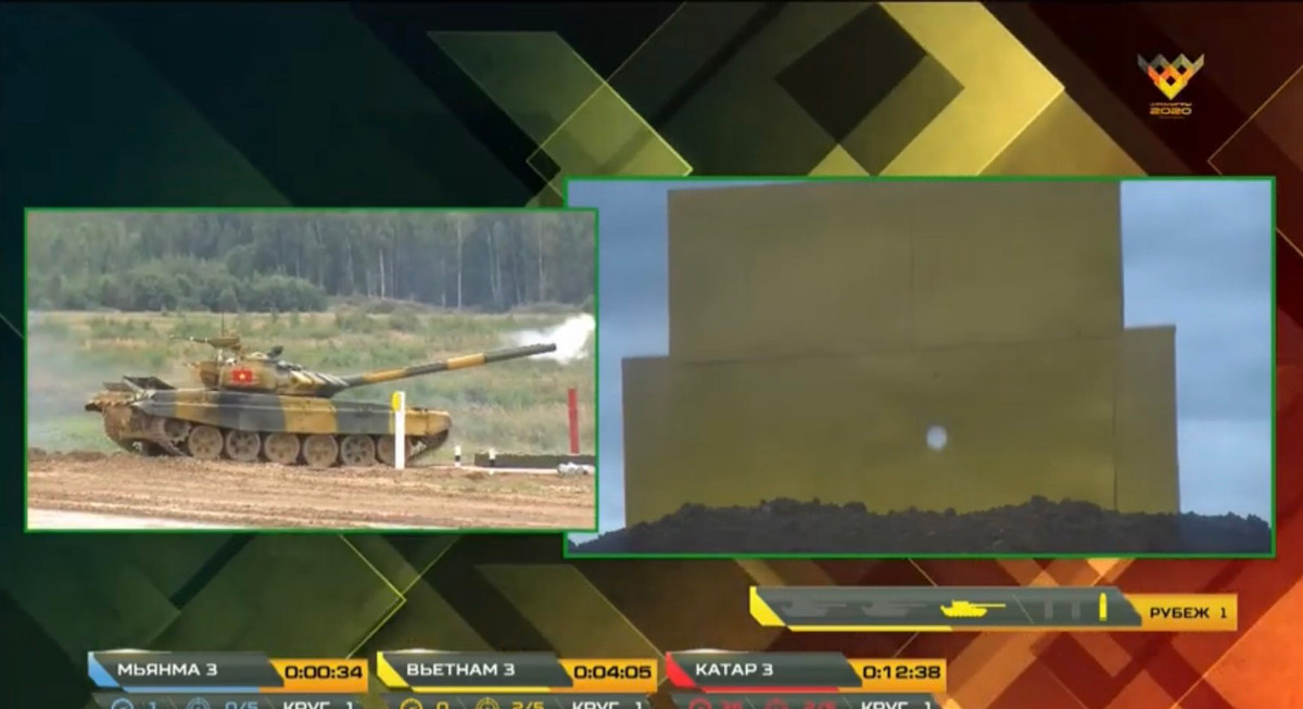 Kíp xe Việt Nam bao gồm các thành viên: Trưởng xe - đồng chí Trung úy Phạm Văn Anh, lái xe - đồng chí Thượng úy Nguyễn Tiến Chiến, pháo thủ - đồng chí Thượng úy Phan Anh Tuấn. Tại vòng chạy đầu tiên, pháo thủ ta đã nhanh chóng sử dụng pháo nòng trơn 2A46M cỡ 125mm tiêu diệt xuất sắc cả 3/3 mục tiêu bia số 12 mô phỏng xe tăng đối phương với thời gian cực nhanh. Ảnh: Bia số 12 thứ ba ở khoảng cách 1.800m bị đội tuyển Việt Nam tiêu diệt.