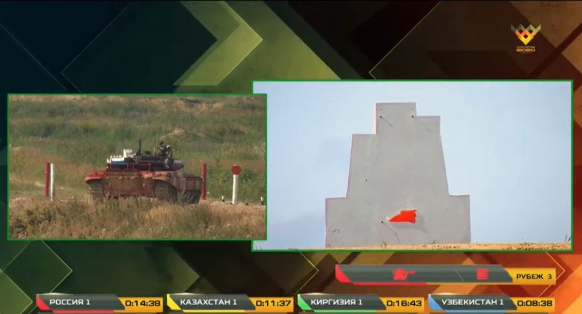 Ở vòng chạy cuối, pháo thủ Nga cũng xuất sắc tiêu diệt mục tiêu bia số 9 mô phỏng bộ binh đối phương sử dụng súng chống tăng RPG bằng súng máy đồng trục PKT cỡ 7.62mm. Như vậy đội Nga đã tiêu diệt tuyệt đối 5/5 mục tiêu của bài thi, đạt hiệu xuất bắn cực cao và thời gian thao tác đáng nể. Ảnh: Bia mục tiêu số 9 nhanh chóng bị tiêu diệt.