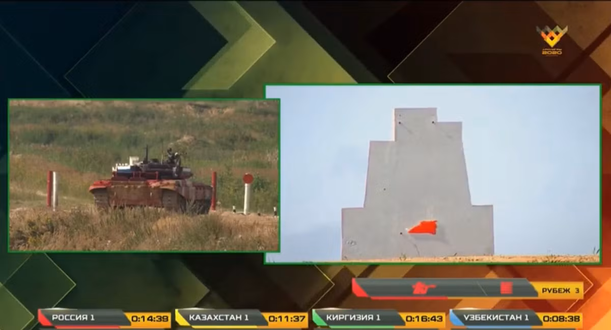 Ở vòng chạy cuối, pháo thủ Nga cũng xuất sắc tiêu diệt mục tiêu bia số 9 mô phỏng bộ binh đối phương sử dụng súng chống tăng RPG bằng súng máy đồng trục PKT cỡ 7.62mm. Như vậy đội Nga đã tiêu diệt tuyệt đối 5/5 mục tiêu của bài thi, đạt hiệu xuất bắn cực cao và thời gian thao tác đáng nể. Ảnh: Bia mục tiêu số 9 nhanh chóng bị tiêu diệt.