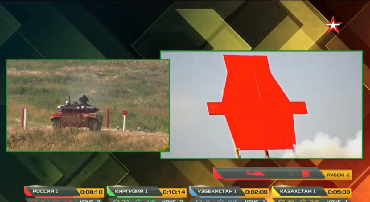 Ở vòng chạy thứ hai, bước vào nội dung sử dụng súng máy phòng không 12.7mm tiêu diệt bia số 25 mô phỏng trực thăng đối phương. Trưởng xe với kinh nghiệm dày dạn của mình đã bắn trúng mục tiêu ngay từ những loạt đạn đầu và xe nhanh chóng cơ động ra khỏi tuyến bắn. Ảnh: Bia mục tiêu bốc khói ngay khi trúng đạn của xe tăng Nga.