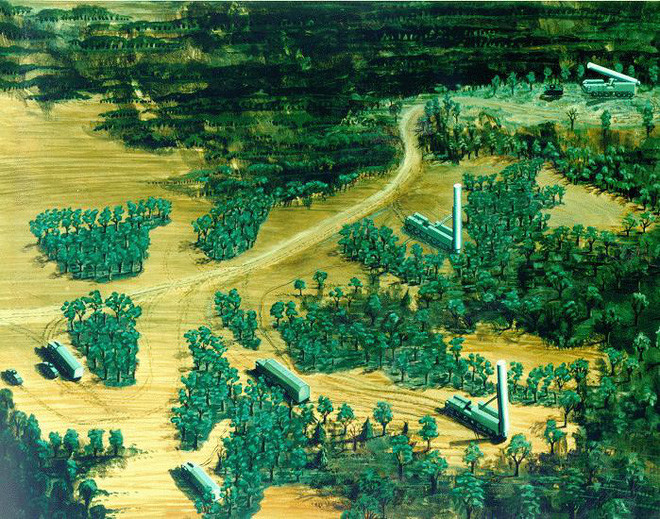 Từ các trận địa trên, tầm bắn của SS-20 Saber không chỉ bao phủ toàn bộ châu Âu mà còn cả đảo Greenland, bắc châu Phi đến tận Nigeria và Somalia. Gần như toàn thể vùng lãnh thổ châu Á, bao gồm Trung Đông, Ấn Độ và các khu vực phía tây Trung Quốc, Nhật Bản và bán đảo Đông Dương. Ảnh: Sơ đồ bố trí một trận địa tên lửa SS-20 Saber dã chiến - Nguồn: Wikipedia.