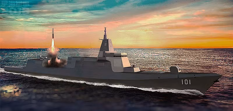 VLS của Type 055 là một hệ thống ống phóng đồng tâm (CCL), có thể phóng tên lửa theo cả hai phương thức là phóng nóng và phóng lạnh, điều đó cho thấy sẽ có nhiều loại tên lửa khác nhau có thể được trang bị trên tàu. Ảnh: Đồ họa tàu Nam Xương phóng tên lửa phòng không - Nguồn: PLAN