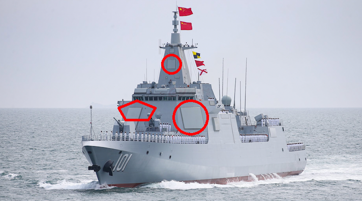 Hệ thống trinh sát chính của Type 055 là một phiên bản mới của radar mạng pha chủ động H/LJG-346 hay còn có tên gọi Type 346B, hoạt động trên 2 băng tần S và C. Ngoài ra, trong thiết kế còn có radar H/LJG-347B, hoạt động trên băng tần X, bố trí trên 4 mặt của đài chỉ huy, giống như hệ thống Aegis của Mỹ. Ảnh: Radar trên tàu Nam Xương (khoanh vùng màu đỏ) - Nguồn: PLAN
