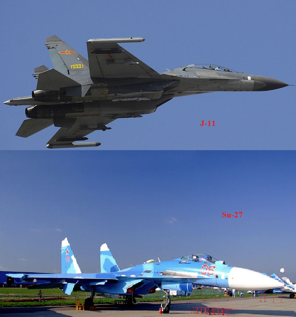 Ngành hàng không của Trung Quốc hiện đang phụ thuộc rất lớn vào các thiết kế của nước ngoài cho khung và động cơ máy bay của họ. Máy bay chiến đấu J-11 về cơ bản là một bản sao hoàn chỉnh của máy bay chiến đấu Su-27 của Nga; mặc dù các bản sao ban đầu của J-11 được chế tạo bằng cách sử dụng linh kiện do Nga cung cấp, nhưng các mẫu sau này có thể là bản sao không được cấp phép. Ảnh: J-11 (trên) và Su-27 (dưới).