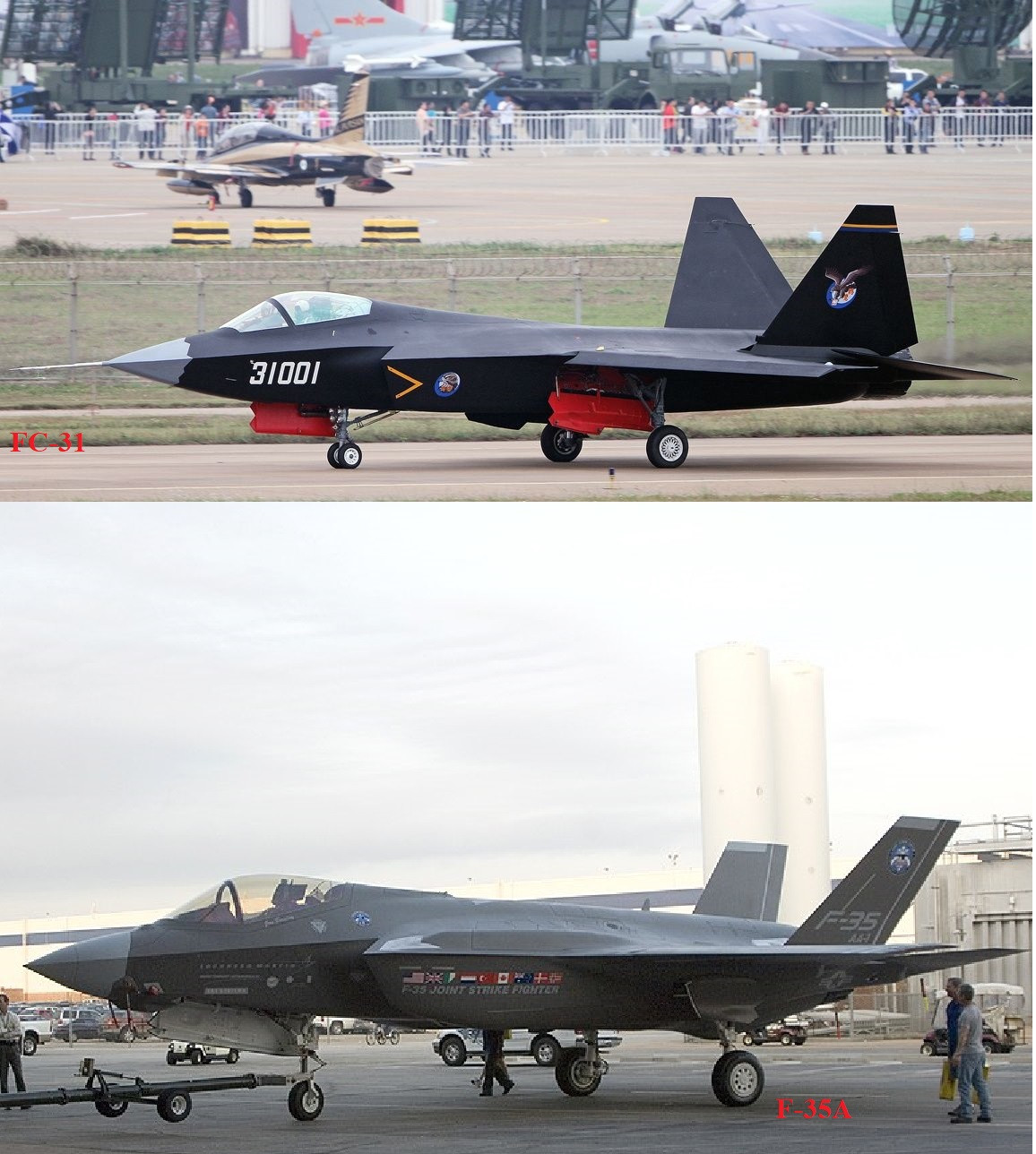 FC-31 có nhiều đặc điểm tương đồng với F-35, khi cả hai loại đều là loại máy bay sử dụng 1 động cơ. F-35 có trọng lượng cất cánh từ 27 tấn đến 32 tấn, có tầm chiến đấu 2.200km, tốc độ tối đa đạt 1.930km. FC-31 có trọng lượng cất cánh 25 tấn, có tầm chiến đấu 1.200km và tốc độ tối đa hơn 2.200km. Ảnh: FC-31 (trên) và F-35A (dưới).