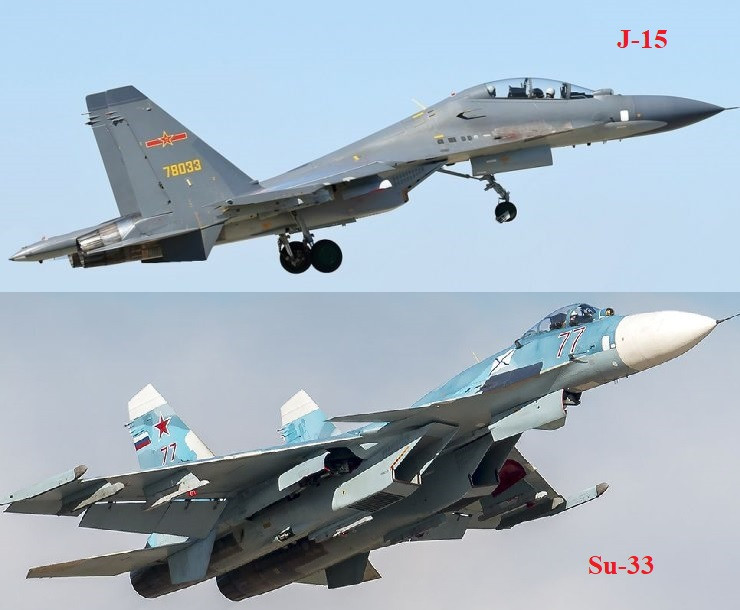 Tiêm kích hạm J-15, loại máy bay duy nhất hoạt động trên các tàu sân bay mới của Trung Quốc cũng là những bản sao từ Su-33 của Liên Xô. Tuy nhiên các bản sao của Trung Quốc hoạt động không đáng tin cậy, nhất là phần động cơ; hiện Trung Quốc vẫn chưa thể sao chép được động cơ, mà vẫn phải phụ thuộc vào động cơ của Nga, kể cả trên loại chiến đấu cơ tàng hình J-20 tiên tiến nhất của họ. Ảnh: J-15 (trên) và Su-33 (dưới).