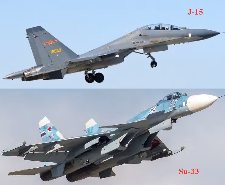 Tiêm kích hạm J-15, loại máy bay duy nhất hoạt động trên các tàu sân bay mới của Trung Quốc cũng là những bản sao từ Su-33 của Liên Xô. Tuy nhiên các bản sao của Trung Quốc hoạt động không đáng tin cậy, nhất là phần động cơ; hiện Trung Quốc vẫn chưa thể sao chép được động cơ, mà vẫn phải phụ thuộc vào động cơ của Nga, kể cả trên loại chiến đấu cơ tàng hình J-20 tiên tiến nhất của họ. Ảnh: J-15 (trên) và Su-33 (dưới).
