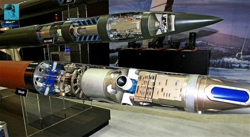 Phương pháp đánh chặn động học, là dùng đầu đạn tên lửa đánh chặn không có thuốc nổ, mà hoàn toàn bằng kim loại; lợi dụng động năng của tên lửa, biến thành năng lượng cơ học, để phá hủy tên lửa của đối phương bằng va chạm trực tiếp. Ảnh: Đầu đạn tên lửa đánh chặn của hệ thống phòng thủ tầm cao THADD dùng phương pháp đánh chặn động học.