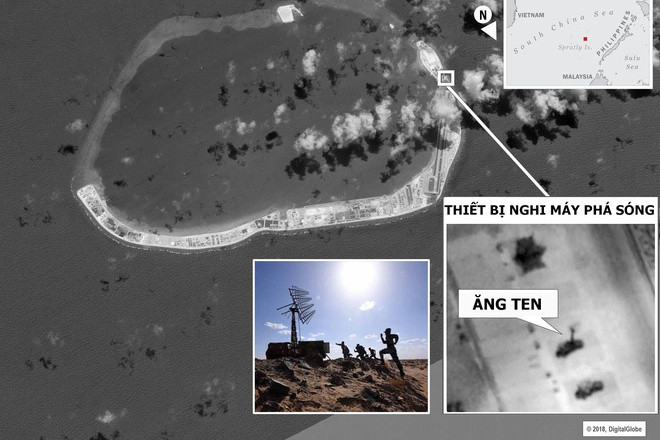 Nhằm phản đối những hành động quân sự hóa Biển Đông, Mỹ đã loại bỏ Trung Quốc khỏi cuộc tập trận Vành đai Thái Bình Dương (RIMPAC). Bộ Quốc phòng Mỹ đã mô tả, sự bất đồng này như một phản ứng ban đầu của Mỹ với những hành động “lấy thịt đè người” của Trung Quốc, trên vùng biển quốc tế quan trọng này. Ảnh: Đảo đá Vành Khăn, nơi Trung Quốc đã triển khai thiết bị phá sóng.