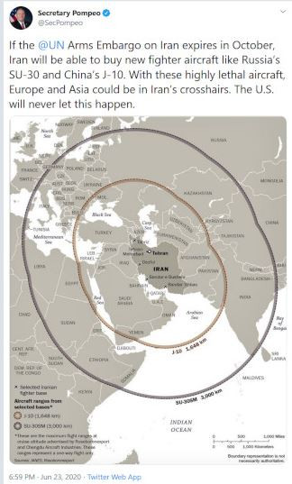 Một số báo cáo của Lầu Năm Góc đã chỉ ra rằng, Iran đang tìm hiểu các loại máy bay chiến đấu của Nga và Trung Quốc, hiện đang được xuất khẩu; ngoài ra còn cả các hệ thống phòng không tiên tiến. Ảnh: Bán kính tác chiến của J-10C và Su-30SM từ các căn cứ của Iran (Ảnh: SecPompeo).