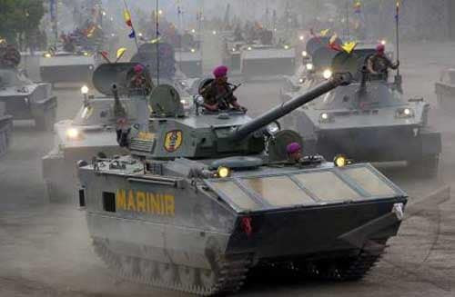 Về các loại xe tăng hạng nhẹ, Thủy quân lục chiến Indonesia sử dụng cả loại xe thiết giáp AMX-10P với tháp pháo 90mm do Pháp chế tạo và xe lội nước PT-76 sử dụng tháp pháo 76mm do Liên Xô chế tạo. Cả hai loại xe này đều được sử dụng để hỗ trợ hỏa lực cho binh sĩ khi đổ bộ đánh chiếm đảo, chống lại các loại công sự kiên cố của đối phương. Ảnh: Xe thiết giáp AMX-10P (trước) và PT-76 (sau).