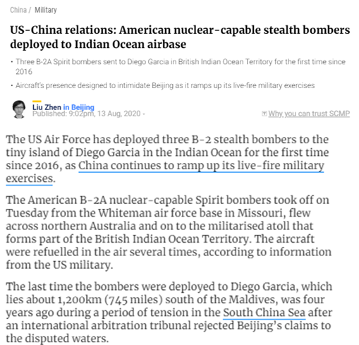 Tờ South China Morning Post đưa tin, trong khi Trung Quốc đang tiến hành các cuộc tập trận quân sự bắn đạn thật ở eo biển Đài Loan, Mỹ đã điều động 3 máy bay ném bom chiến lược tàng hình B-2 tới căn cứ Diego Garcia ở Ấn Độ Dương. Ảnh: Bài viết của South China Morning Post - Nguồn: Chụp màn hình.