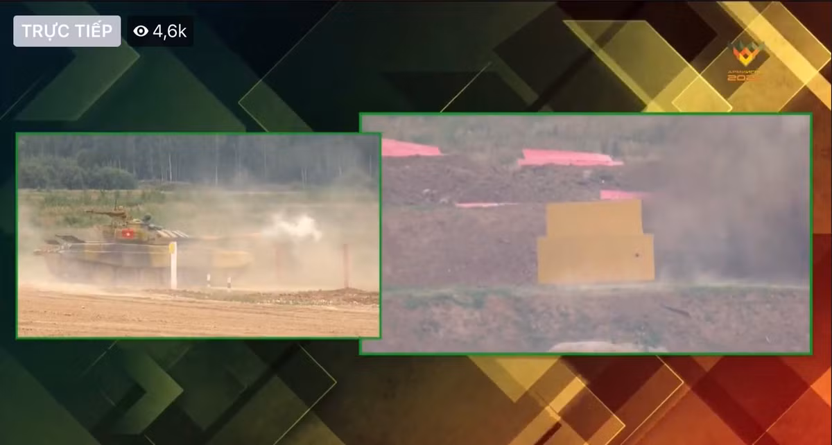 Sau khi cơ động qua vật cản zic - zắc, kíp xe Việt Nam nhanh chóng đến vị trí tiếp đạn với cơ số đạn 3 viên cỡ 125mm và tiếp tục tiến vào tuyến bắn. Pháo thủ Lê Quang Hiệp không lâu sau đó xuất sắc tiêu diệt cả 3 bia mục tiêu giả định xe tăng đối phương lần lượt ở khoảng cách 1.600m, 1.700m và 1.800m. Ảnh: Xe tăng Việt Nam xuất xắc hạ gục mục tiêu bia số 12 mô phỏng xe tăng địch.