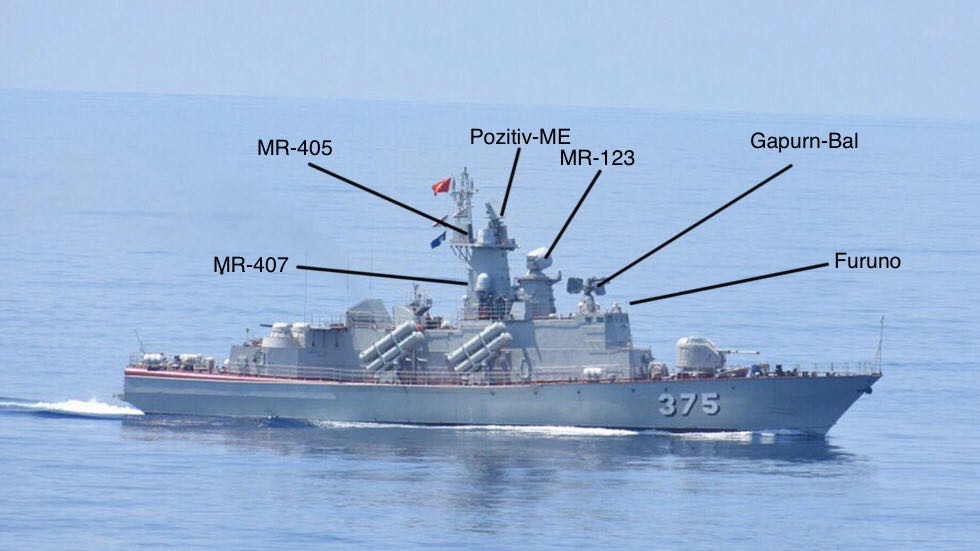 Tuy nhiên để tạo ra sức mạnh của một tàu chiến không phải chỉ mỗi vũ khí, mà đặc biệt còn phải kể đến cả hệ thống tác chiến điện tử của tàu, giúp tàu có thể vận hành những loại vũ khí một cách hiệu quả nhất. Ảnh: Sơ đồ hệ thống tác chiến điện tử trên tàu Molniya.