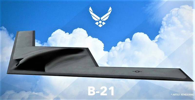  B-21 Raider là máy bay ném bom tàng hình chiến lược hạng nặng liên lục địa, đang được Tập đoàn Northrop Grumman phát triển cho Không quân Mỹ theo chương trình Máy bay ném bom tấn công tầm xa, B-21 có thể mang vũ khí thông thường và vũ khí hạt nhân. Ảnh: B-21 sẽ là xương sống Không quân chiến lược Mỹ tương lai; Nguồn: wikipedia.org