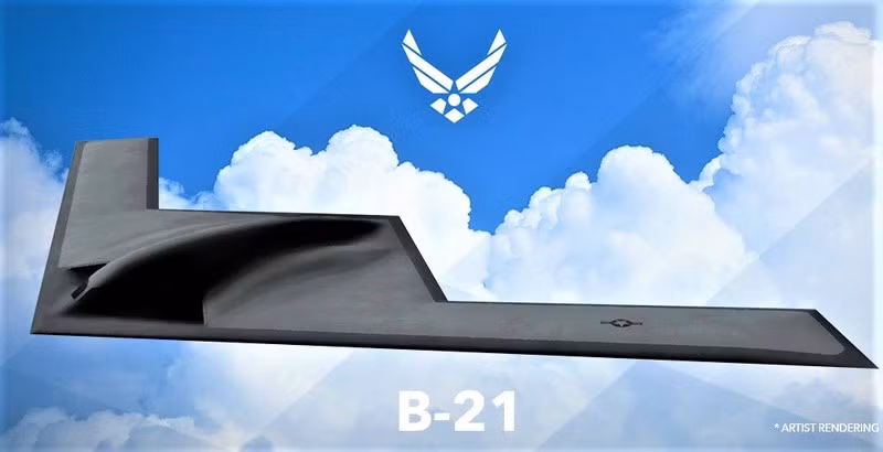  B-21 Raider là máy bay ném bom tàng hình chiến lược hạng nặng liên lục địa, đang được Tập đoàn Northrop Grumman phát triển cho Không quân Mỹ theo chương trình Máy bay ném bom tấn công tầm xa, B-21 có thể mang vũ khí thông thường và vũ khí hạt nhân. Ảnh: B-21 sẽ là xương sống Không quân chiến lược Mỹ tương lai; Nguồn: wikipedia.org