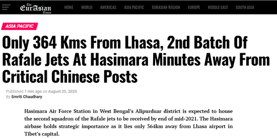 Truyền thông Ấn Độ đưa tin, đến giữa năm 2021, Căn cứ Không quân Hashimala ở khu vực Alipudur của Tây Bengal, dự kiến sẽ tiếp nhận lô máy bay chiến đấu Rafale thứ hai mà Ấn Độ mua từ Pháp. Ảnh: Bài báo trên trang Eurasia Times về việc Ấn Độ triển khai máy bay Rafale - Nguồn: Chụp màn hình.