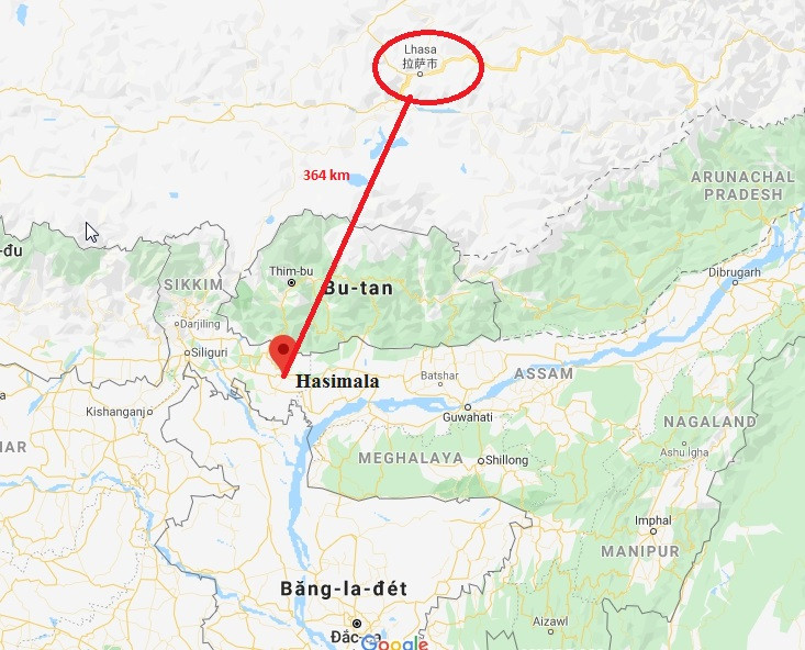 Căn cứ Không quân Hasimala của Ấn Độ được đánh giá là vị trí có ý nghĩa chiến lược của vô cùng quan trọng, vì nó chỉ cách Lhasa, thủ phủ Tây Tạng của Trung Quốc có 364 km. Ảnh: Căn cứ Hasimala - Nguồn: Google Map