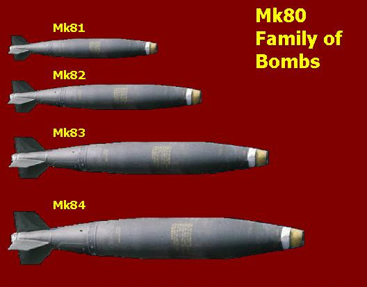 Bom Mk-82 là một loại bom thuộc họ nhà bom Mk-8x do hãng General Dynamics của Hoa Kỳ phát triển và chế tạo, với giá thành niêm yết năm 2001 là 2.082 USD cho một quả. Trọng lượng lí thuyết của bom là 500 pounds (227 kg) tuy nhiên thực tế còn tùy thuộc vào loại ngòi nổ và cánh đuôi của chúng, có thể nặng khoảng từ 232kg cho đến 260kg. Ảnh: Gia đình bom Mk-80 của Hoa Kỳ.