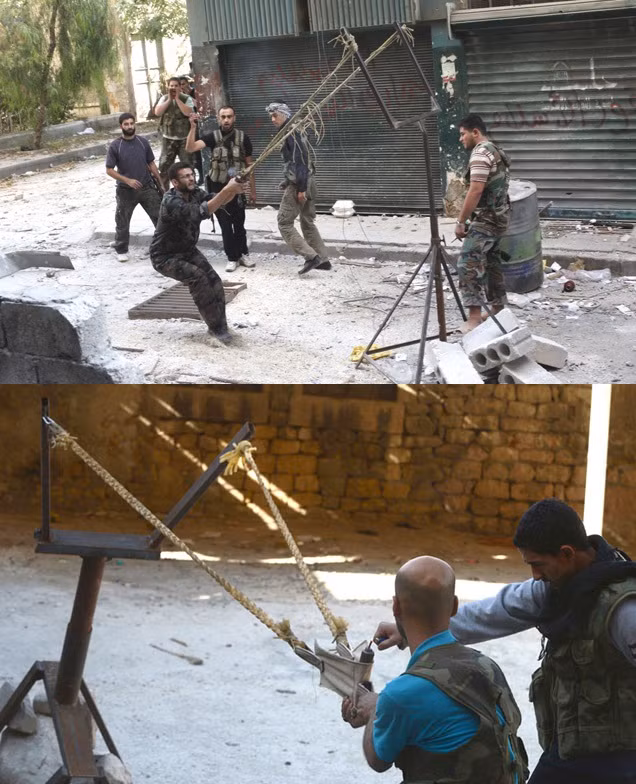 Và một loại vũ khí thô sơ, nhưng vẫn được các phe nổi dậy ở Trung Đông sử dụng rất nhiều, đó là sử dụng giàn thun phóng lựu đạn, thủ pháo vào chiến tuyến địch; có lẽ đây là phương pháp thay các loại súng phóng lựu cầm tay, vừa đảm bảo yếu tố bí mật (không phát ra tiếng nổ), vừa có thể ném lựu đạn ra rất xa.