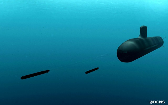 SSN Suffren được trang bị hệ thống vũ khí quy ước hiện đại và mạnh. Tàu có 4 ống phóng ngư lôi 533 mm chứa 18 ngư lôi và tên lửa trong một khoang vũ khí hỗn hợp. Ảnh: Đồ họa tàu SSN Suffren phóng ngư lôi - Nguồn: Naval News.