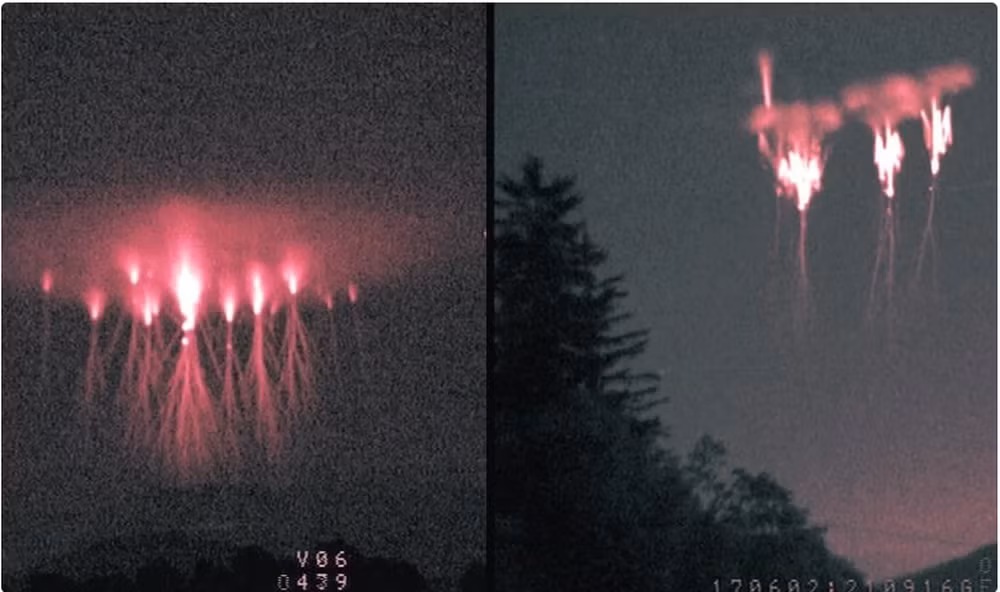 Một số sét dị hình màu đỏ có hình con sứa, số khác là những cột sáng đỏ hướng xuống mặt đất.