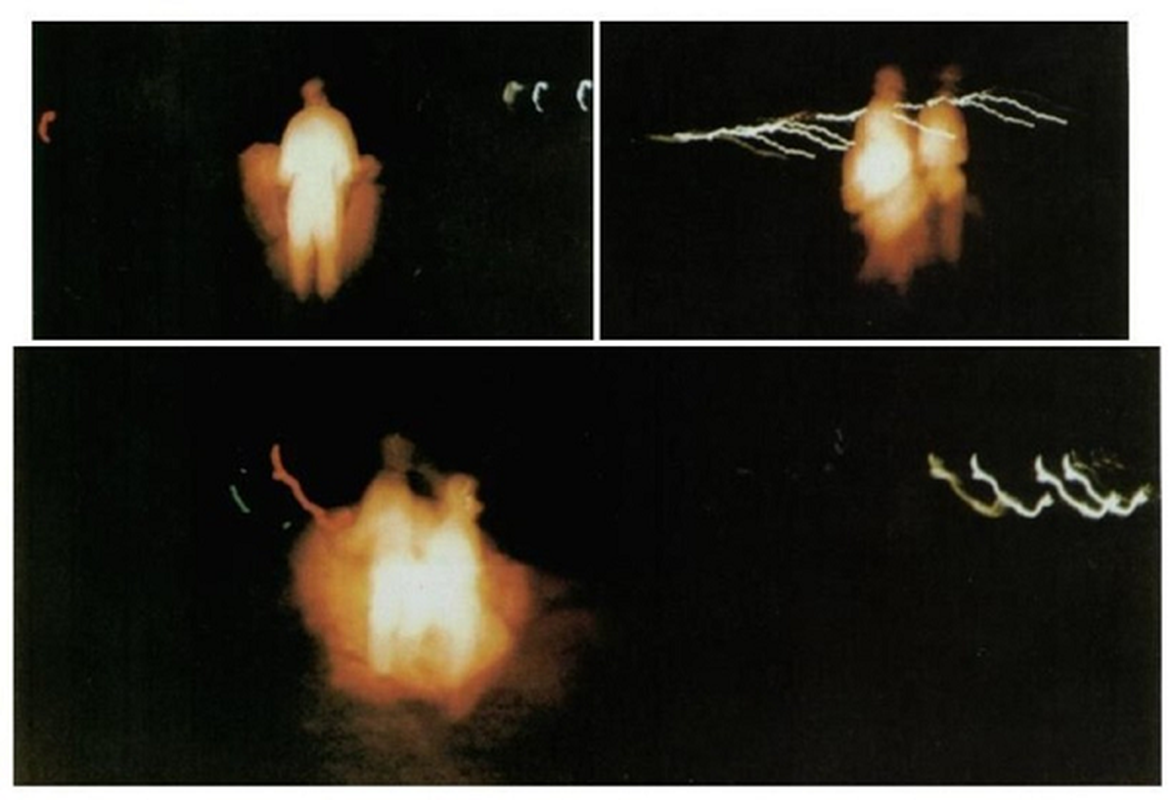 Sinh vật này cao khoảng 1,8m này sau đó nhẹ nhàng hạ độ cao, khi còn cách mặt đất khoảng 30cm, nó bỗng tiến về phía ông Shiota. Đang còn kinh ngạc và hoảng sợ, Shiota bỗng bị một cơn đau đầu với cường độ tăng dần đến mức không chịu nổi nữa, phải nhanh chóng quay về.