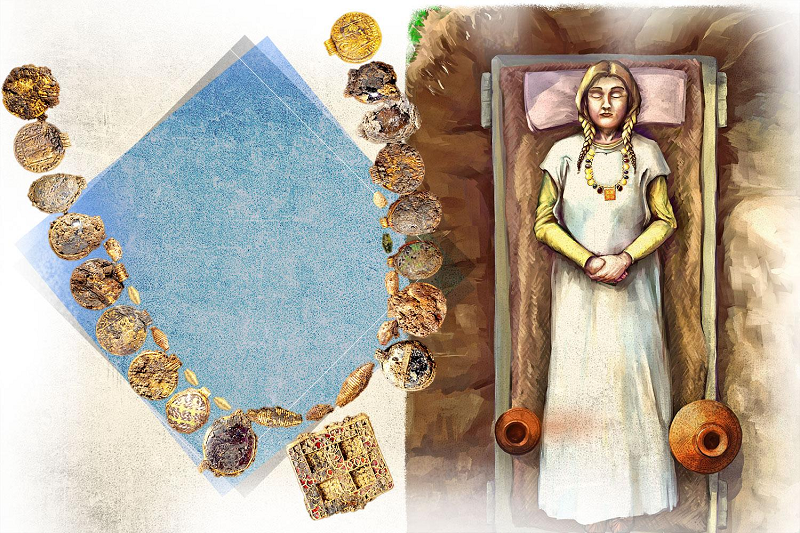 Chiếc vòng cổ được chôn cùng một người phụ nữ có địa vị cao, qua đời trong khoảng năm 630 đến 670, theo nhóm nghiên cứu ở Bảo tàng Khảo cổ London phụ trách khai quật kho báu.