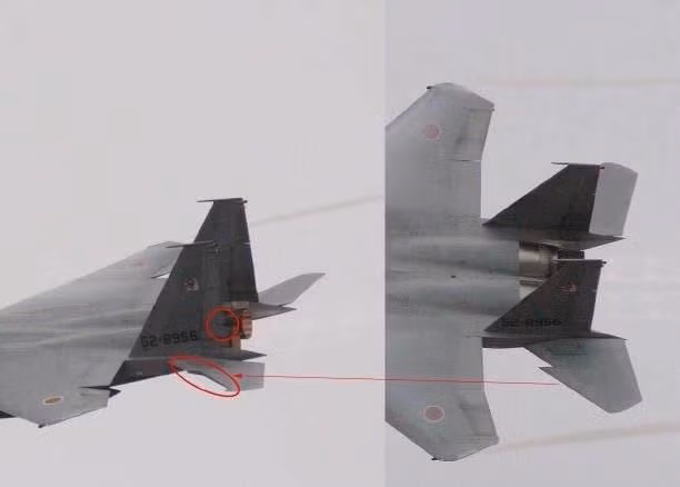 Hình ảnh được cho là của chiếc F-15J mất cánh tà (bên trái) với hình ảnh cánh đuôi của chiếc F-15J với cánh tà (bên phải). Nguồn ảnh: QQ.